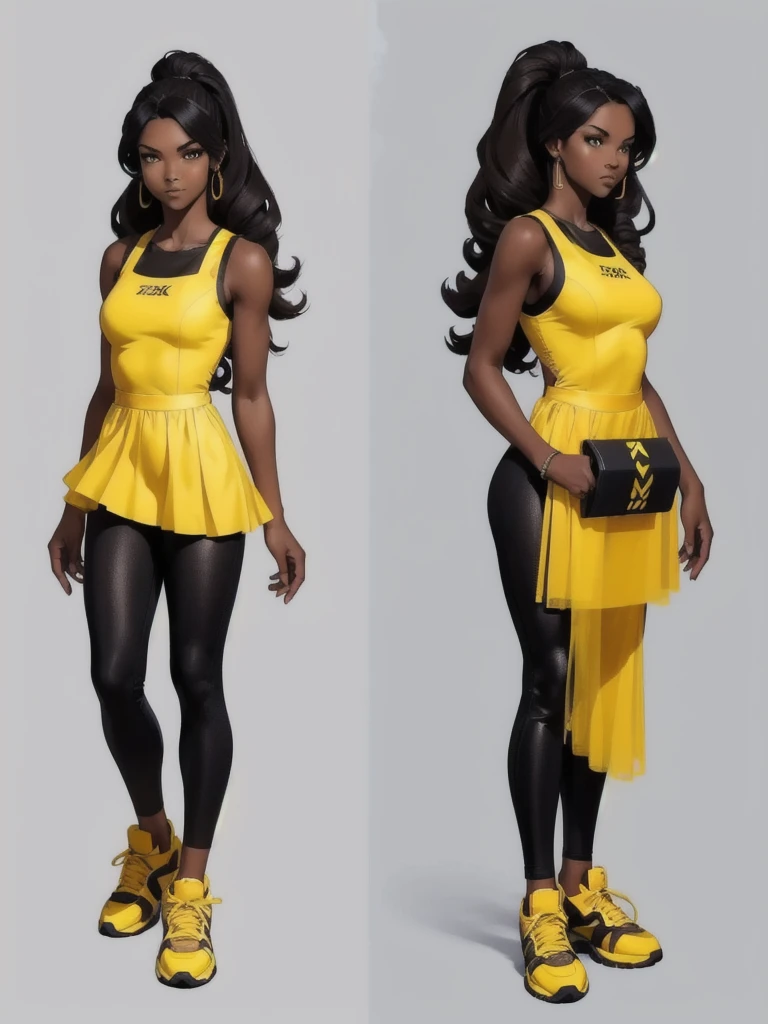 ((best quality)), ((4k)), ((highres)), ((masterpiece:1.2)). ((detailed)), ((ultra realistic)), ((intricate details)), ((full body picture)), ((character design sheet)), ((blank background)), ((standing in a blank background)), full body shot of a beautiful black female, ebony beauty, woman, 18 years old girl, dark brown skin, about 5'5 ft. tall, bushy long curly black hair, ((bushy long curly hair)), long hair, high pigtails, dressed in a yellow sleeveless doll dress, ((EMPHASIS ON HER YELLOW SLEEVELESS BABYDOLL DRESS)), black SHINY leggings PANTS and sneakers, fighting game character design, tekken character design, the king of fighters character concept art, character concept art, full body, 18 years old female fighter, girly girl, cute girl, girly fighter character concept art
