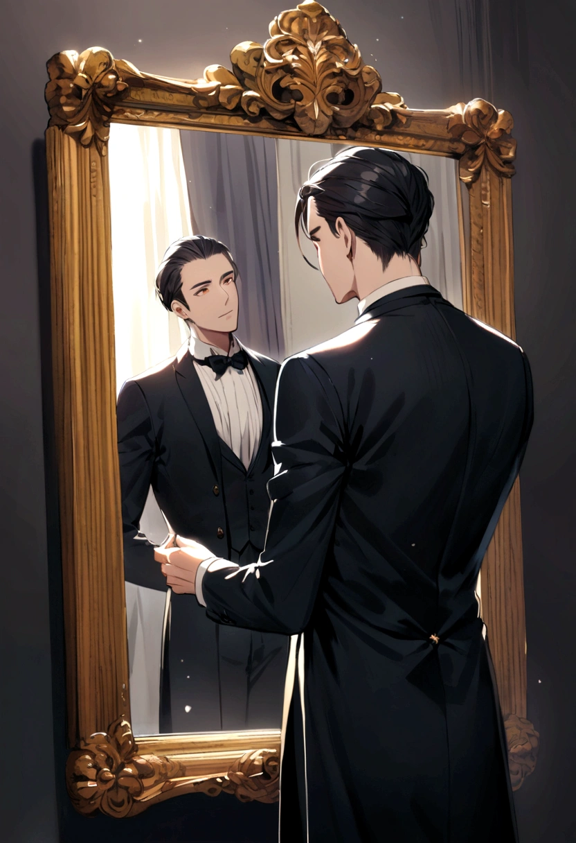 Man looking at his reflection through the mirror