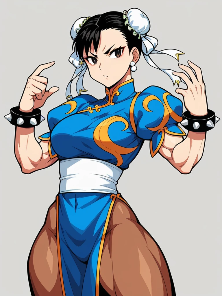 in kinu-sensei artstyle, Kinu Nishimura style, muted pastel colors, medium breasts, Chun-Li, The image features Chun-Li, a character from "Street Fighter 2." She is depicted with a stern expression and a strong stance, Chun-Li has her signature hairstyle with twin buns adorned with white ribbons. Her outfit is a traditional Chinese qipao in a vibrant blue color with gold accents, featuring puffy sleeves and a high collar. She wears spiked bracelets on both wrists. The art style combines realistic proportions with a semi-realistic shading technique, highlighting her muscular build and dynamic pose.

**AI Art Prompts:**
"Chun-Li from Street Fighter 2, detailed character design, traditional Chinese qipao, vibrant blue and gold colors, twin buns with white ribbons, stern expression, dynamic pose, muscular build, semi-realistic shading, spiked bracelets, high collar, puffy sleeves, in kinu-sensei artstyle