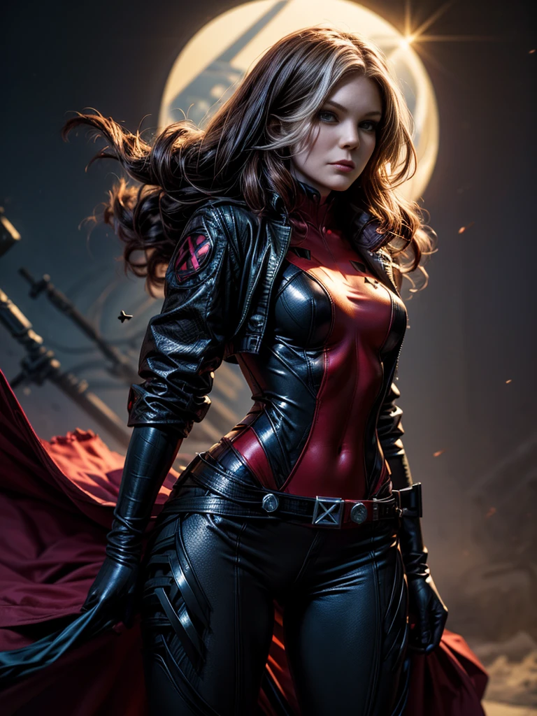 Kirsten Dunst、masterpiece、High quality 4K、villain (X-Men)、Gothic Girl、Sculpted Body Gothic Makeup、Black jacket、Red and blue bodysuit、masterpiece、Highest quality、Cowboy Shots、One personの女の子、One person、Technology Military Bodysuit、fringe