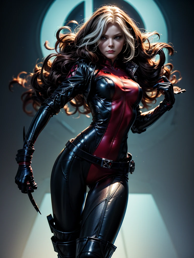 Kirsten Dunst、masterpiece、High quality 4K、villain (X-Men)、Gothic Girl、Sculpted Body Gothic Makeup、Black jacket、Red and blue bodysuit、masterpiece、Highest quality、Cowboy Shots、One personの女の子、One person、Technology Military Bodysuit、fringe