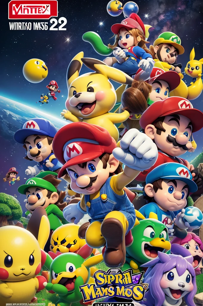 Uma nova capa de Super Smash Bros 64 um jogo de luta dos presonagems da nintendo o lutadorese são o super mario de super mario bros o pikachu de pokémon o ness de EarthBound o luigi de super mario bros 2 e yoshi de super mario world & super mario world 2, yoshi&#39;s lsland with mario firepower and ness with Pk fire and pikachu with lightning power and yoshi who can catch his rivau with his tongue 