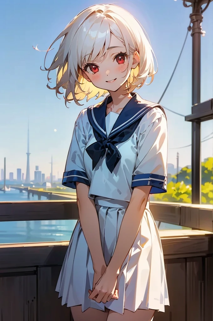 ((masterpiece,Highest quality, High resolution)), One girl, alone, Red eyes, Short white hair, smile, Sailor suit, Short sleeve, White pleated skirt, (Cute illustrations:1.2), (blue sky), Dramatic Light, afternoon, Bokeh effect