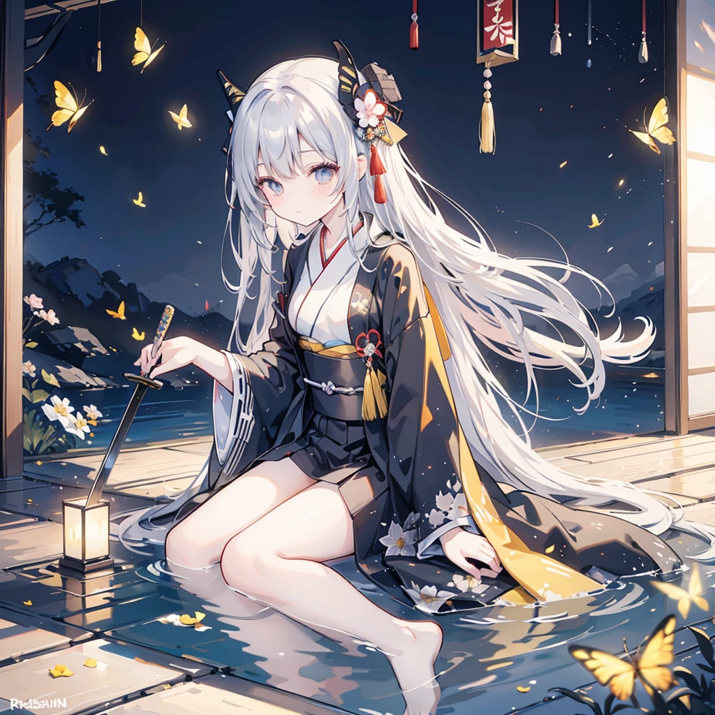 ((High resolution Gray Hair Long Hair Black kimono Black Band military commander Lonely despair)) ((Yellow butterfly night Japanese style old Shining Aura Japanese garden water surface)) (dance Blade of Darkness Japanese sword Slashing) moon star Draw your sword Slashing Catch the wind autumn