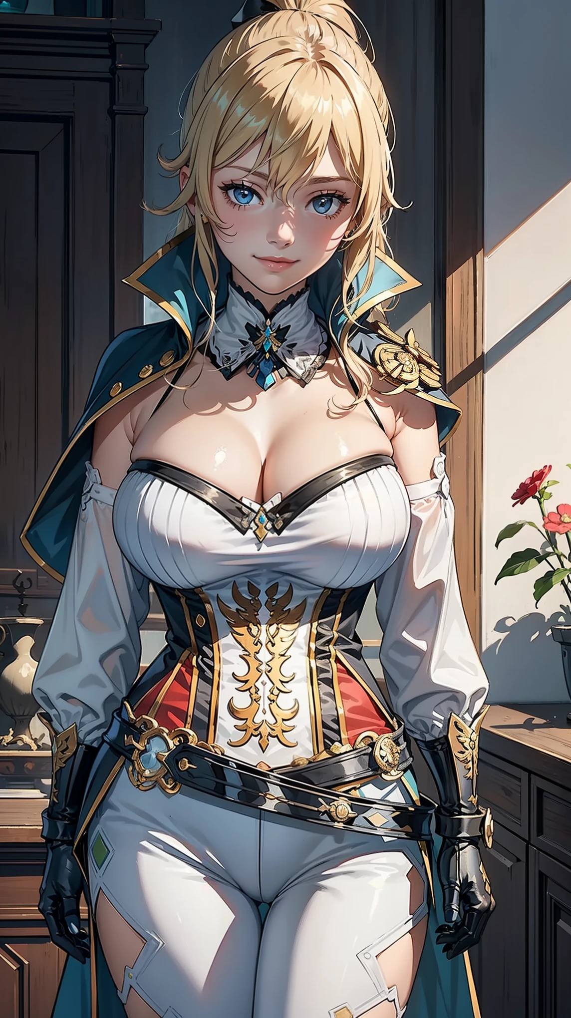 Jeanfavonian,alone, masterpiece,huge breast, looking at viewer, detail eyes, (detail face:1.2), standing, (front view), looking at viewer, smile, perfect breast, indoors, night