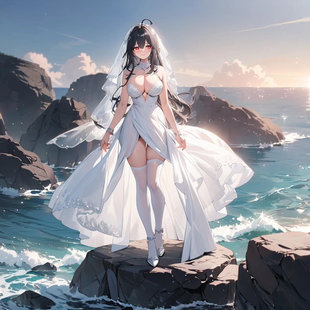 A mature woman, black hair, long hair, wearing a white dress, with exposed thigh, long white stockings, silver details on the dress, wearing a transparent wedding veil, red eyes, silver clip, silver bracelet, white heels, smiling, large breasts , ahoge hair, standing postured, perfect face, perfect eyes, on a rock in the sea, background sea, detailed rocks, daytime location with sky and clouds.UHD, masterpiece, accurate, anatomically correct, textured skin, super detail, high quality, best quality, 8k, high resolution, bokeh effect. (woman alone), facing, close view.
