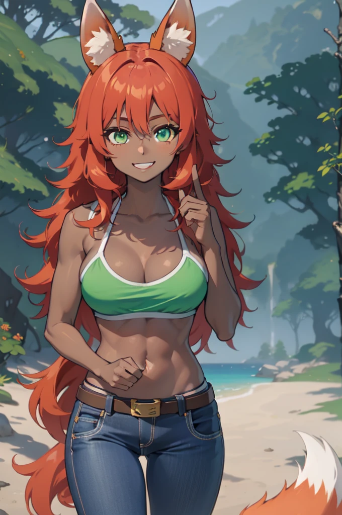 masterpiece, best quality, highres, zoo1,thin, narrow waist, green eyes, bangs, orange hair, very long hair, fox tail, dark skin, fox girl, tank top, green top bikini, jeans, belt, forest, cowboy shot, ABS,upper body, smile, pov