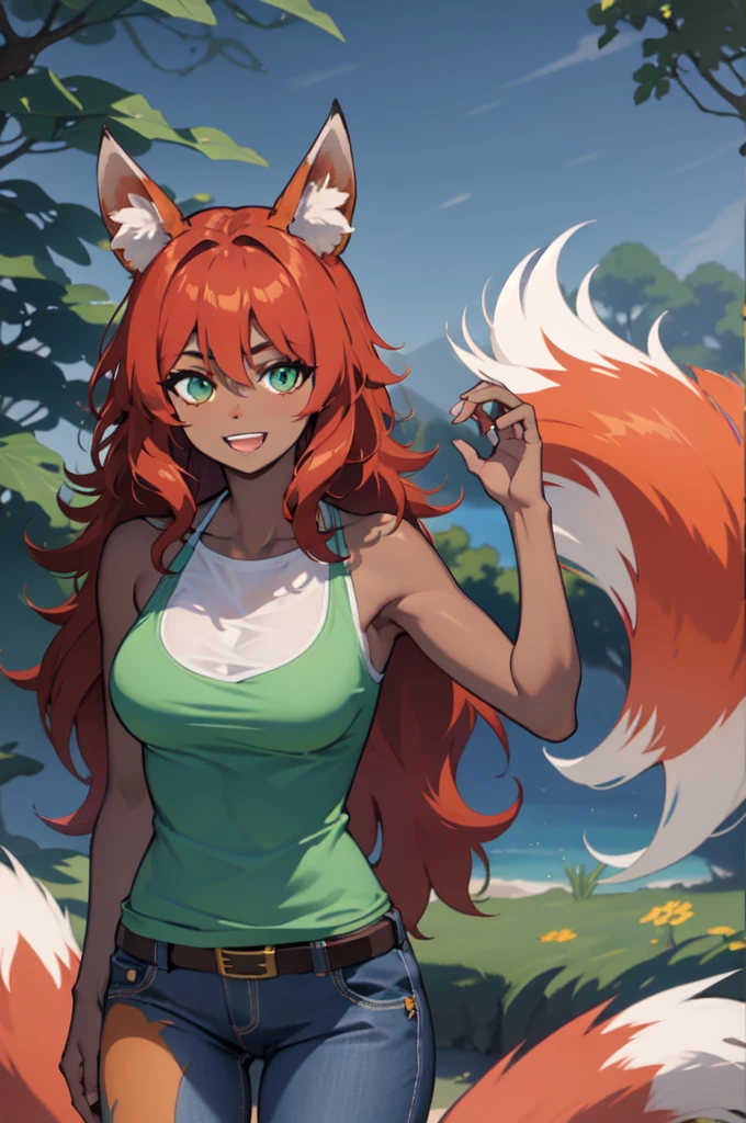 masterpiece, best quality, highres, zoo1,thin, narrow waist, green eyes, bangs, orange hair, very long hair, fox tail, dark skin, fox girl, tank top, green top bikini, jeans, belt, forest, cowboy shot, ABS,upper body, smile, pov