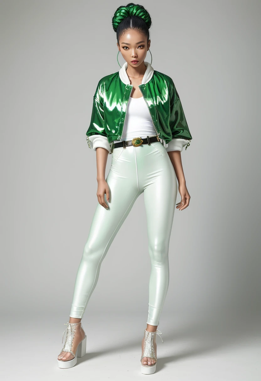 aVATAR SECOND LIFE Korean girl wearing green blouse, White hair, White hair, White hair, black pants, Asian, Perfect and detailed face, imvu, maximalist details, AVATAR SECOND LIFE Korean blusa , neon