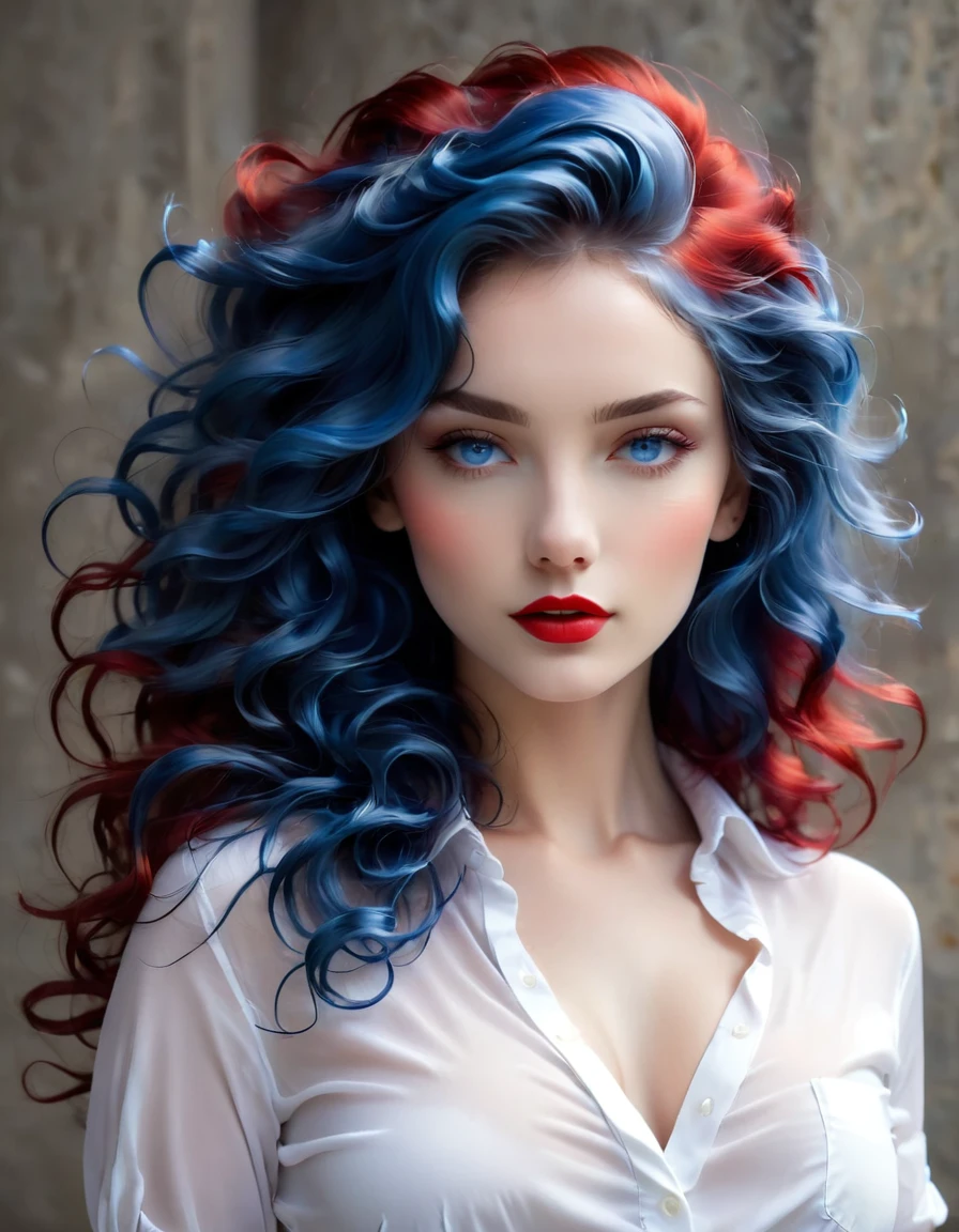 (Head to Toe angle) very , blue eyes, red lipstick, seductive, realistic wavy twirly  blue hair, open white shirt, very small breasts, very small , very , beautiful sexy girl