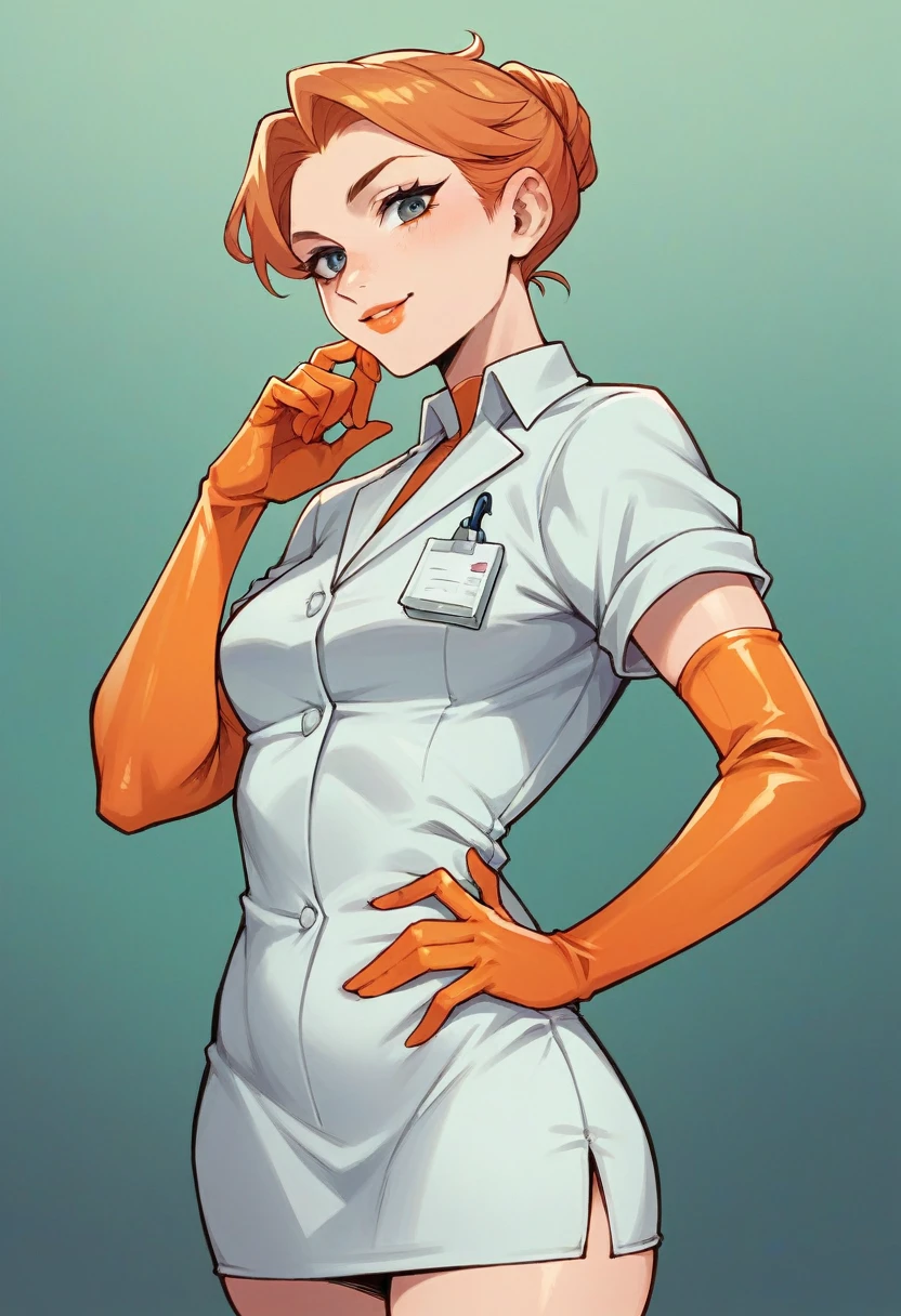 1girl, ((blue elbow gloves)), ((surgical gloves)), ((latex gloves)), ((long sleeves)) ((orange surgeon outfit)), looking at viewer, ((orange doctor outfit)), standing, solo