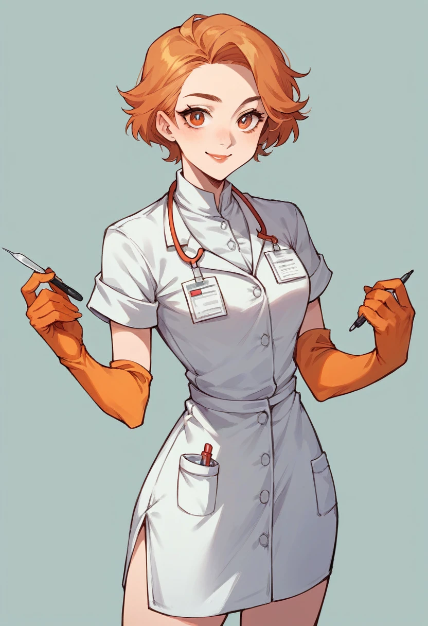 1girl, ((white elbow gloves)), ((surgical gloves)), ((latex gloves)), ((long sleeves)) ((orange surgeon outfit)), looking at viewer, ((doctor outfit)), standing, solo