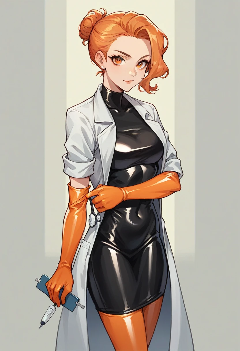 1girl, ((orange elbow gloves)), ((surgical gloves)), ((latex gloves)), ((long sleeves)) ((surgeon outfit)), looking at viewer, ((doctor)), standing, solo