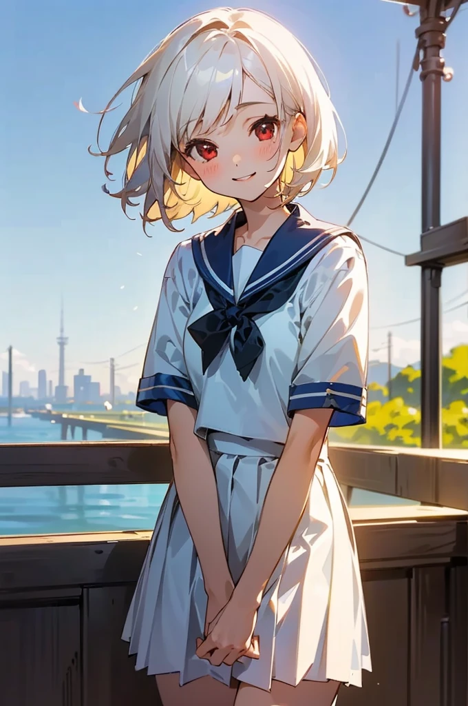 ((masterpiece,Highest quality, High resolution)), One girl, alone, Red eyes, Short white hair, smile, Sailor suit, Short sleeve, White pleated skirt, (Cute illustrations:1.2), (blue sky), Dramatic Light, afternoon, Bokeh effect