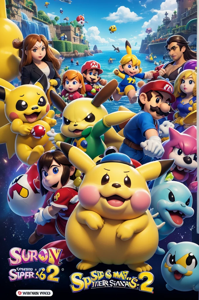 Uma nova capa de Super Smash Bros 64 um jogo de luta dos presonagems da nintendo o lutadorese são o super mario de super mario bros o pikachu de pokémon o ness de EarthBound o luigi de super mario bros 2 e yoshi de super mario world & super mario world 2, yoshi&#39;s lsland with mario firepower and ness with pk fire and pikachu with lightning power and yoshi who can catch his rivau with his tongue the nintendo 64 game