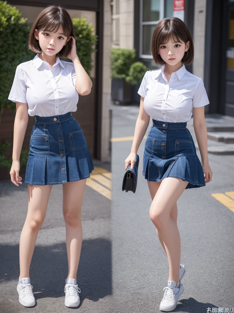 Highest quality、masterpiece、8K、Very detailed、Realistic、(Young face:1.2)、(Looks like an elementary school ???:1.2)、One person、whole body、(Big Breasts)、Thin and beautiful legs、Tight and slim waist、Tight shirt、mini skirt、Short Hair