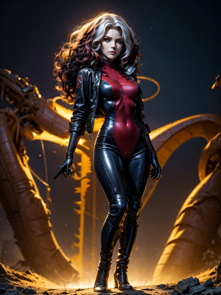 Dianna Agron、masterpiece、High quality 4K、villain (X-Men)、Gothic Girl、Sculpted Body Gothic Makeup、Black jacket、Red and blue bodysuit、masterpiece、Highest quality、Cowboy Shots、One personの女の子、One person、Technology Military Bodysuit、fringe
