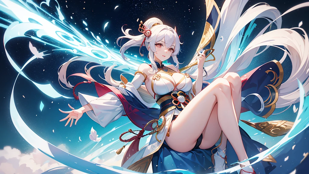 an adult anime-style girl named Tomoe Gozen (to know) showing a friendly smile ,presents an impressive and powerful appearance. It is 2 kilometers high, she holds a galaxy with her hand, showing her great multiversal power she is sitting on a planet measuring the cosmos, she has nothing on her head. She wears swimwear decorated with traditional Japanese light blue motifs with gold details that give it a distinctive touch.. His grayish albino hair is tied up in an elaborate hairstyle that complements his warrior appearance.. She has huge O cup breasts. His reddish eyes shine with determination and strength., showing his indomitable spirit in combat.
