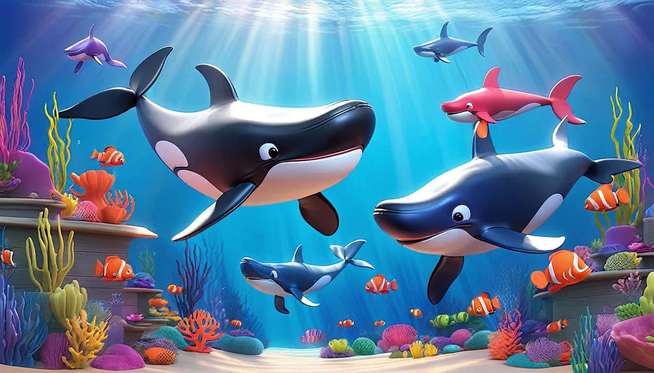 Create a 3-D Pixar style art scene for s featuring a pod of whales swimming together. The scene should be colorful and vibrant, with an ocean background, coral reefs, and schools of fish.The overall mood should be engaging and inviting for young chi."