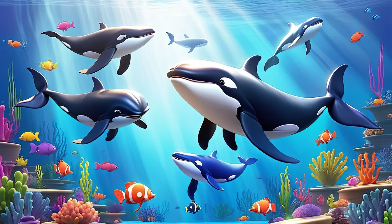 Create a 3-D Pixar style art scene for kids featuring a pod of whales swimming together. The scene should be colorful and vibrant, with an ocean background, coral reefs, and schools of fish.The overall mood should be engaging and inviting for young children."