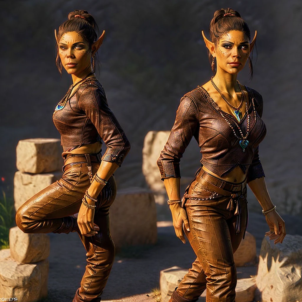 1girl, githyanki, solo, jewelry, pointy ears, flat nose, necklace, hair bun, posing with butt facing the camera, rubbing hands on her butt, wearing brown pants, (masterpiece, best quality), ultra-detailed, cinematic lighting, highly detailed face, intricate jewelry, cinematic pose, detailed clothing folds, photorealistic, vibrant colors, smooth shading, sharp focus