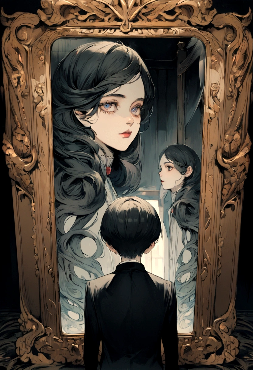 Man looking at his reflection through the mirror and seeing someone different in the reflection