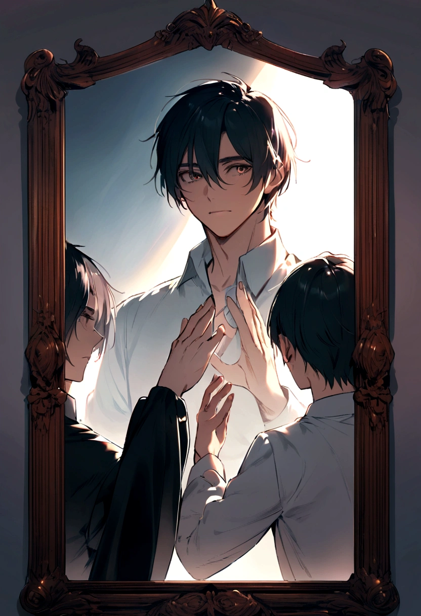 Man looking at his reflection through the mirror and seeing someone different in the reflection
