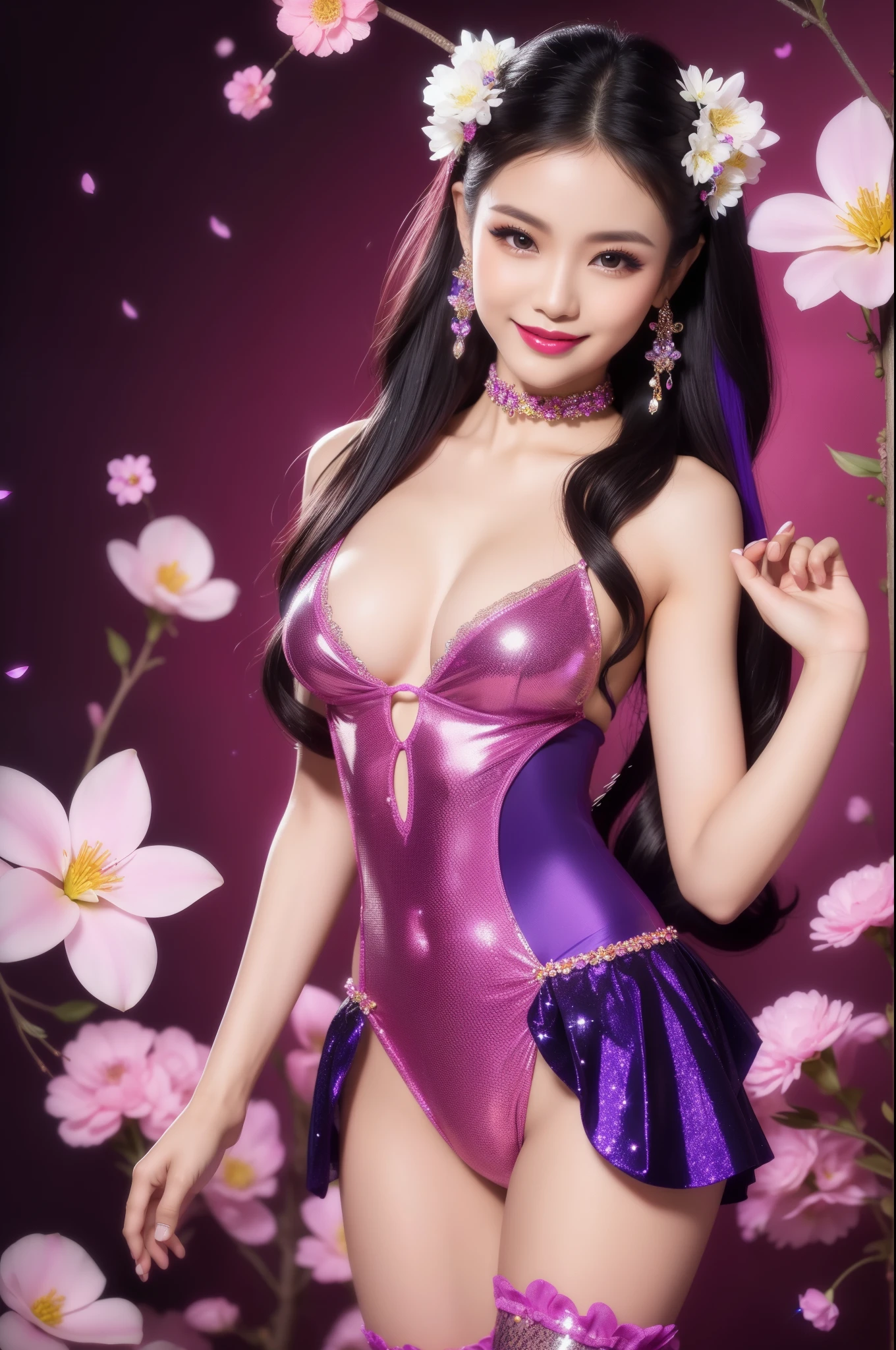 sexy Thai model who controls poison、beautiful smile、lipgloss、bold lipstick、intense makeup、look at the camera、full body Esbian、、sparkling poisoned flower costume、、、、sparkling Colorful hair、secrete poison、skull hair accessories、sexy tights、shiny sparkling flowers background