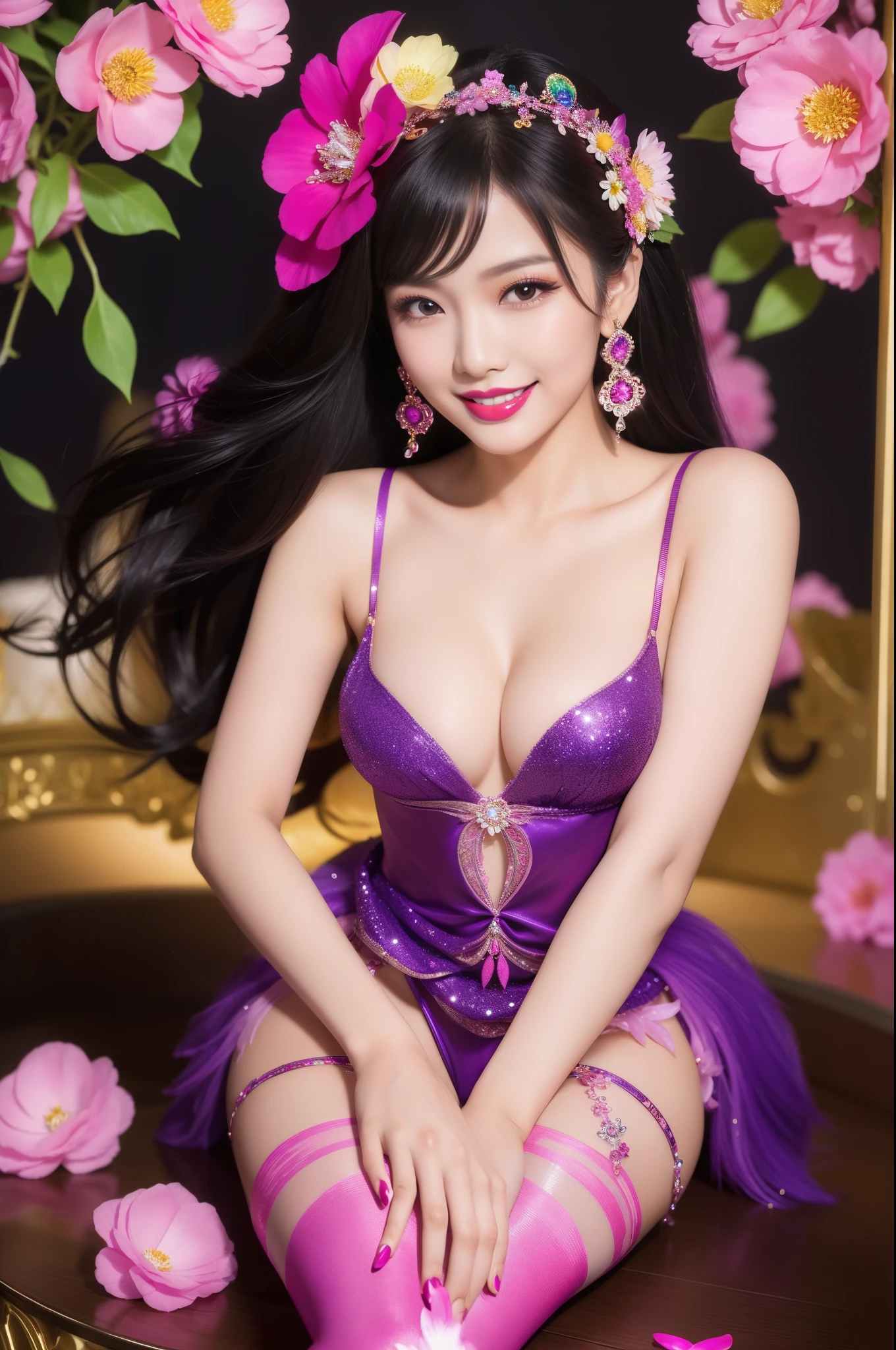 sexy Thai model who controls poison、beautiful smile、lipgloss、bold lipstick、intense makeup、look at the camera、full body Esbian、、sparkling poisoned flower costume、、、、sparkling Colorful hair、secrete poison、skull hair accessories、sexy tights、shiny sparkling flowers background