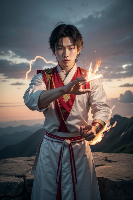 generate an image of the character YANG KAY from Martial Peak wearing traditional attire releasing a jet of energy through his hands