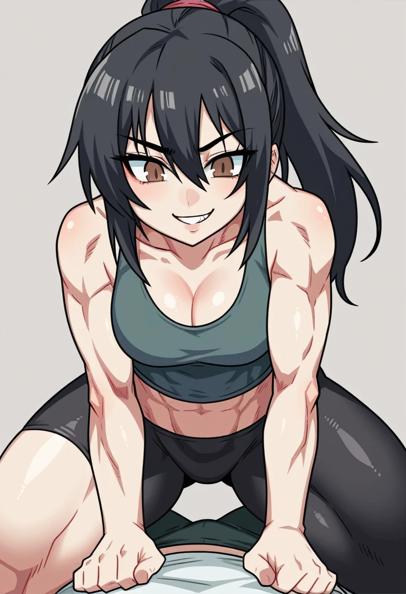 score_9, score_8_up, score_7_up, source_anime, BREAK, (((yew))), black hair, brown eyes, ponytail, tan skin, tank top, leggings, thick thighs, athletic build, cleavage, slightly muscular, pov, femdom