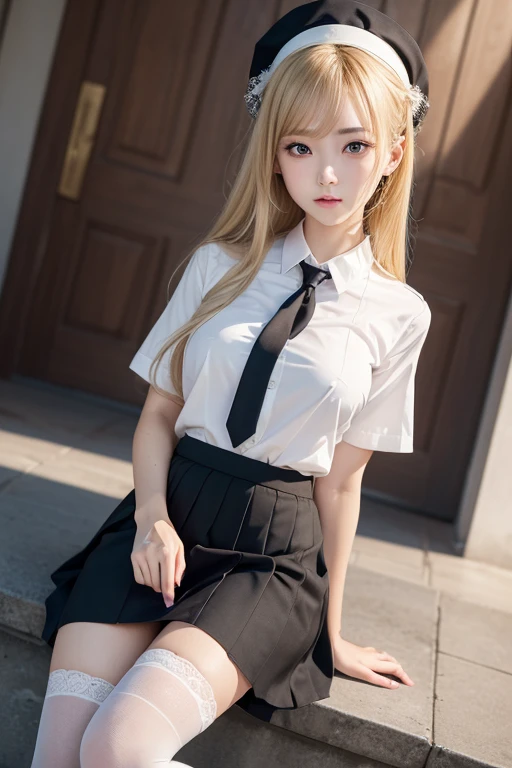 (highest quality,4k,masterpiece:1.2),Beautiful woman,1 girl,sexy:1.1,dark yellow hair:1.1,woman wearing ,soaking wet uniform,super detailed face,lip details,fine eyes,double eyelid,miniskirt white stockings,stand up,(skirt lift), ((skirt lift by myself)),(windy upskirt)、(pants are visible、underwear is visible、Panty shot)、turn up the skirt、Full body shot,show the whole body