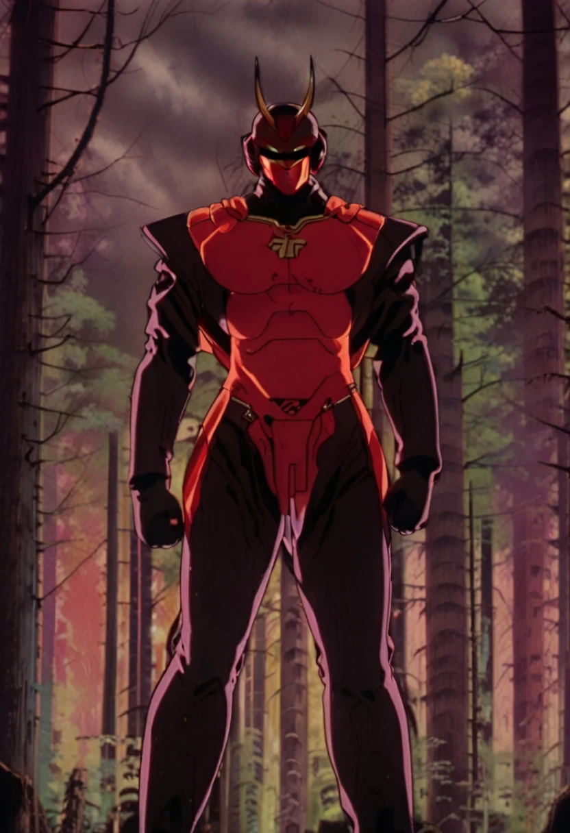 retanime, (by Noriyoshi Ohrai:1.4), aesthetic, ganyu in black and red suit outfit standing in a gloomy forest, octane render, 8k, uplight, sunny, golden hour