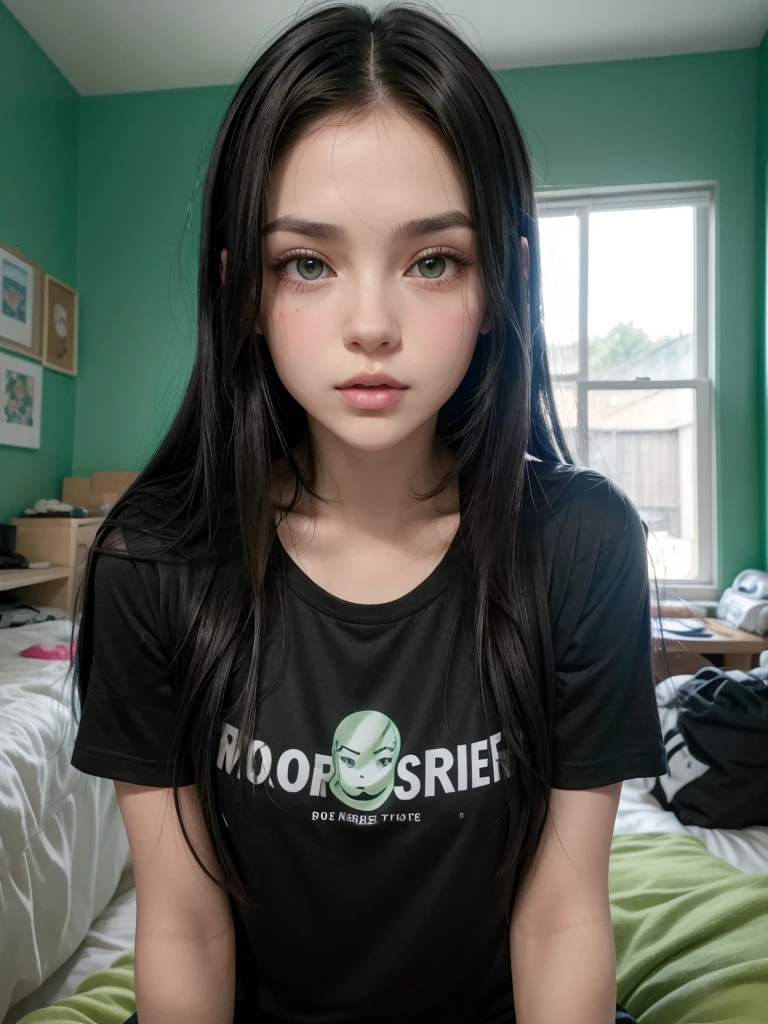 Hot girl, long black hair (brunette), green eyes, black small t-shirt mostrando el ombligo , pose de boca succionando, Cute, background (bedroom)