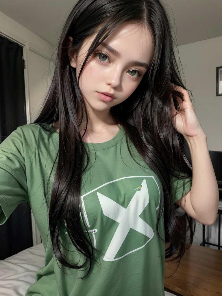 Hot girl, long black hair (brunette), green eyes, black small t-shirt mostrando el ombligo , pose de boca succionando, Cute, background (bedroom)