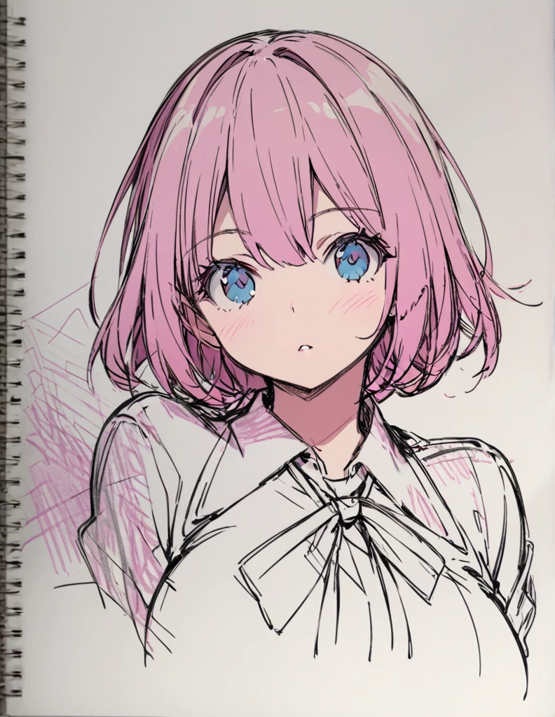 Blue-eyed busty junior high school girl　Pink short hair　Sketch