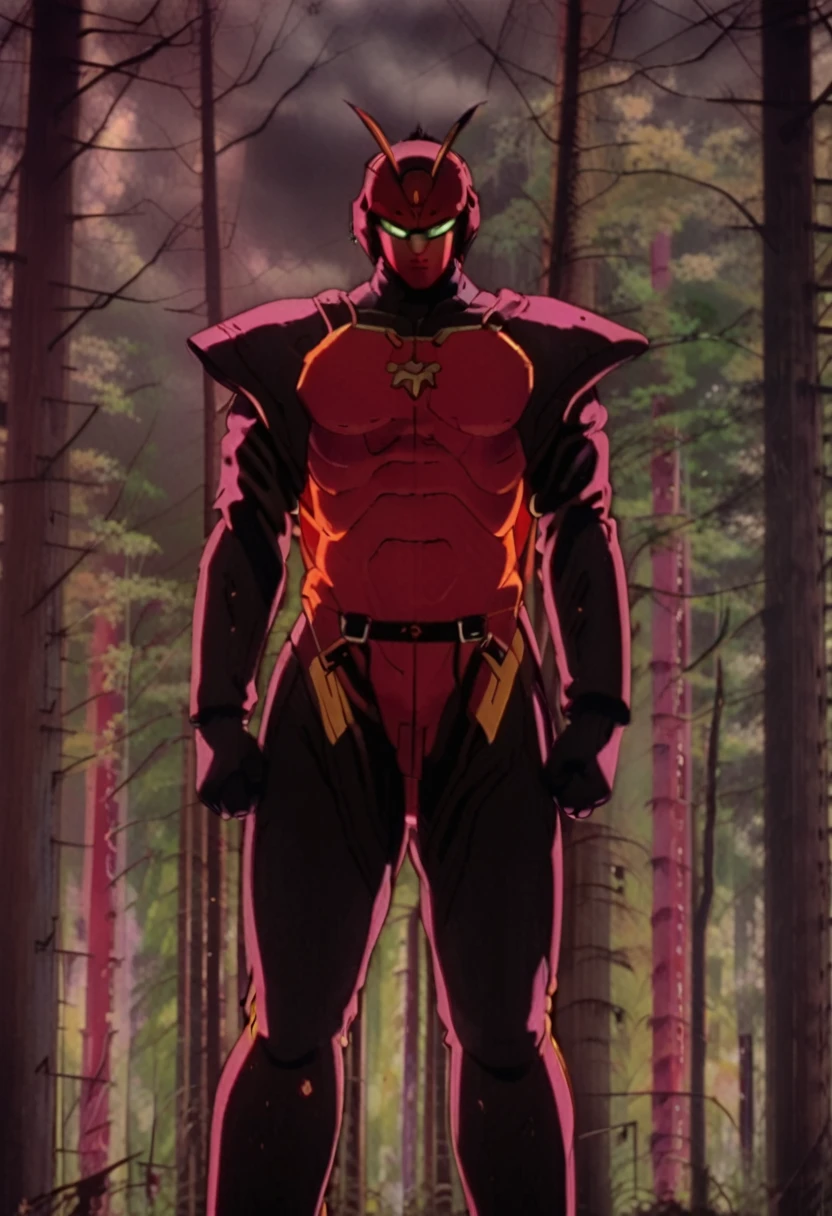 retanime, (by Noriyoshi Ohrai:1.4), aesthetic, ganyu in black and red suit outfit standing in a gloomy forest, octane render, 8k, uplight, sunny, golden hour