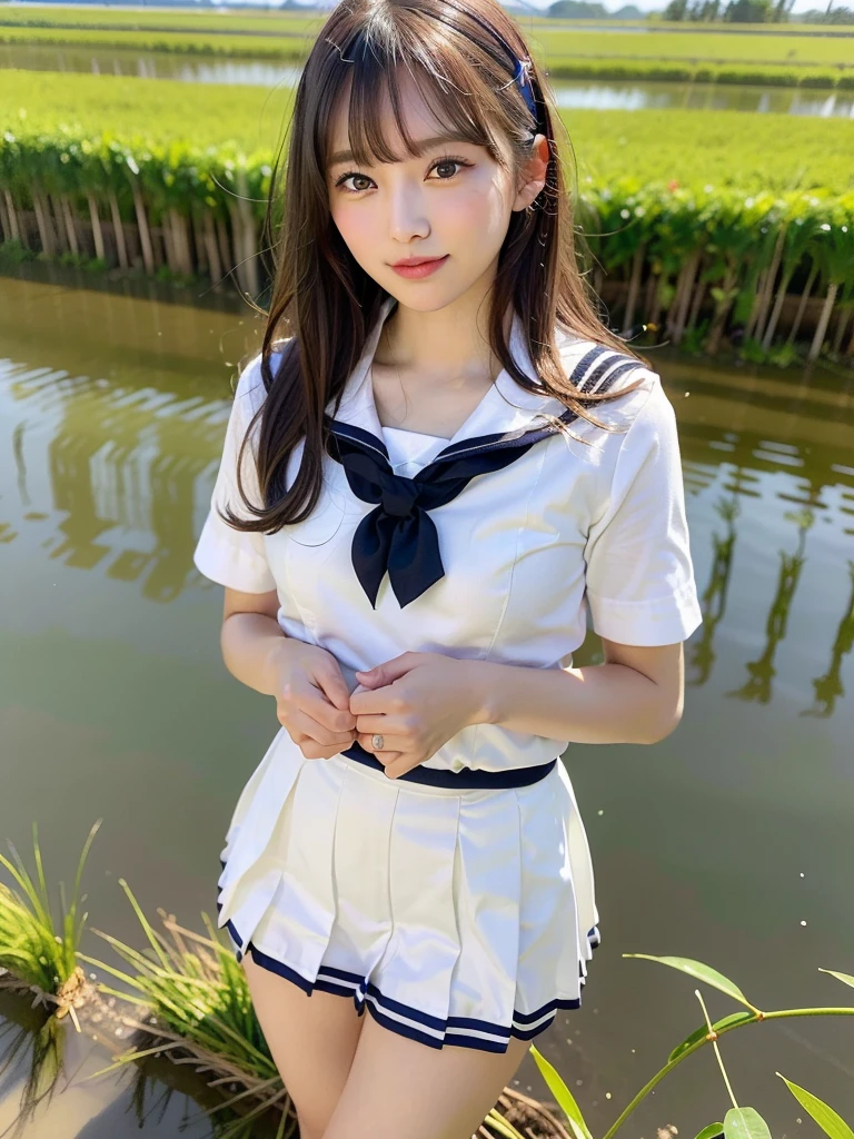 ((Best of the highest quality, 8k, Masterpiece, raw photo: 1.2)), (Sharp focus: 1.2), (1 AESPA, slim body type female, 21 y/o: 1.1), (solo: 1.28), (realistic, photo-realistic:1.37), face focus, cute face, finely eyes, (droopy eyes: 1.32), (Emphasize prominent aegyo-sal with bright: 1.2), shimmering eyeshadow applied under the lower lash line, paired with thick, (small breasts, flat chest, Thigh: 1.3), (short messy hair, bangs: 1.28), (school sailor uniform, ribbon: 1.32), walking in river, (rice field, paddy field: 1.1), flower, (from below: 1.16)