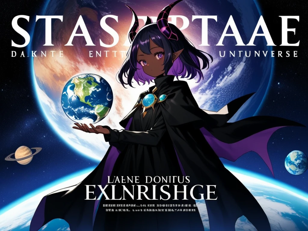 Manga cover Entity cosmic woman stars maleficent nebula dark cloak dark skin giant dark dress white details holding a planet Earth universe title multiverse volume 1 Assunção Entity