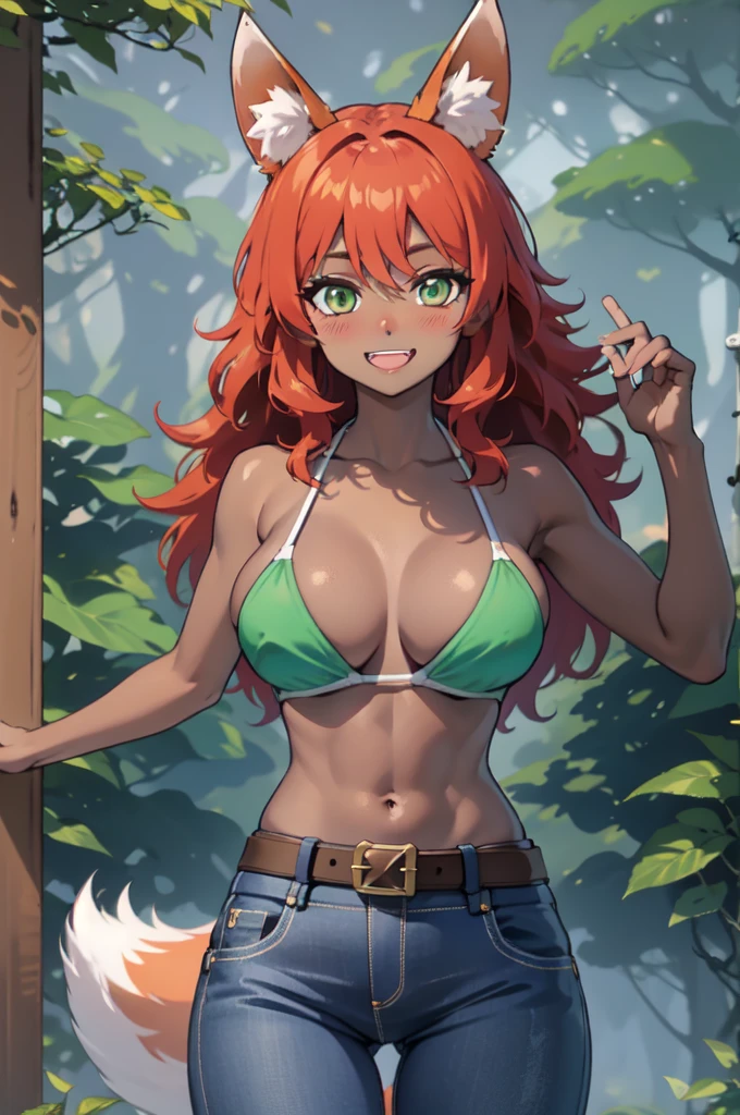 masterpiece, best quality, highres, zoo1,thin, narrow waist, green eyes, bangs, orange hair, very long hair, fox tail, dark skin, fox girl, tank top, green top bikini, jeans, belt, forest, cowboy shot, ABS,upper body, smile, pov, (blushes 1.5), strong orgasm