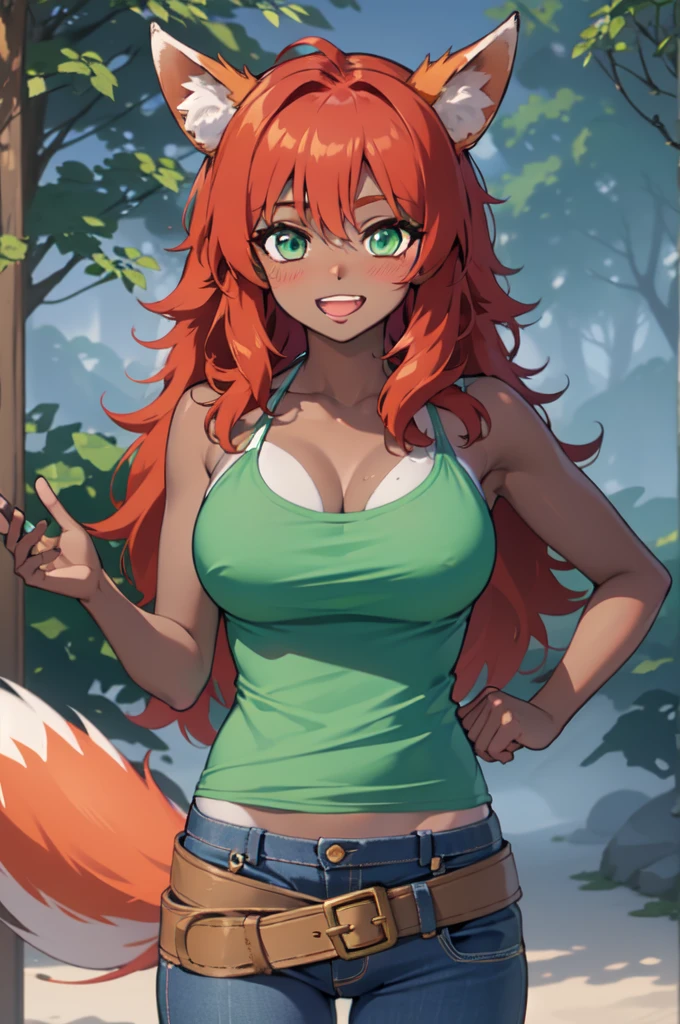 masterpiece, best quality, highres, zoo1,thin, narrow waist, green eyes, bangs, orange hair, very long hair, fox tail, dark skin, fox girl, tank top, green top bikini, jeans, belt, forest, cowboy shot, ABS,upper body, smile, pov, (blushes 1.5), strong orgasm