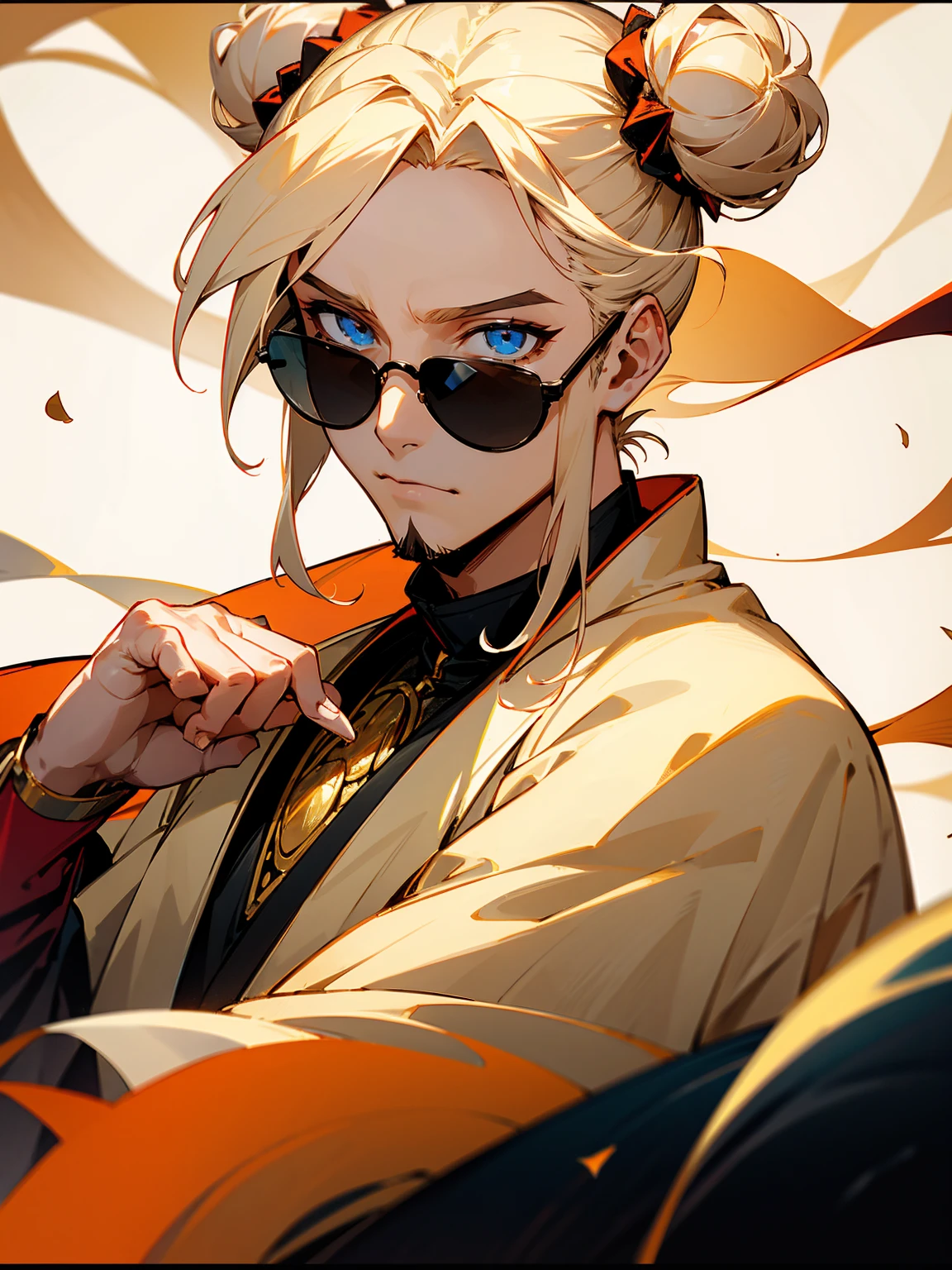 1male, adult, cream hair, middle parted hair, medium length hair, top knot, sunglasses, stubble, cream haori, candy shop, confident