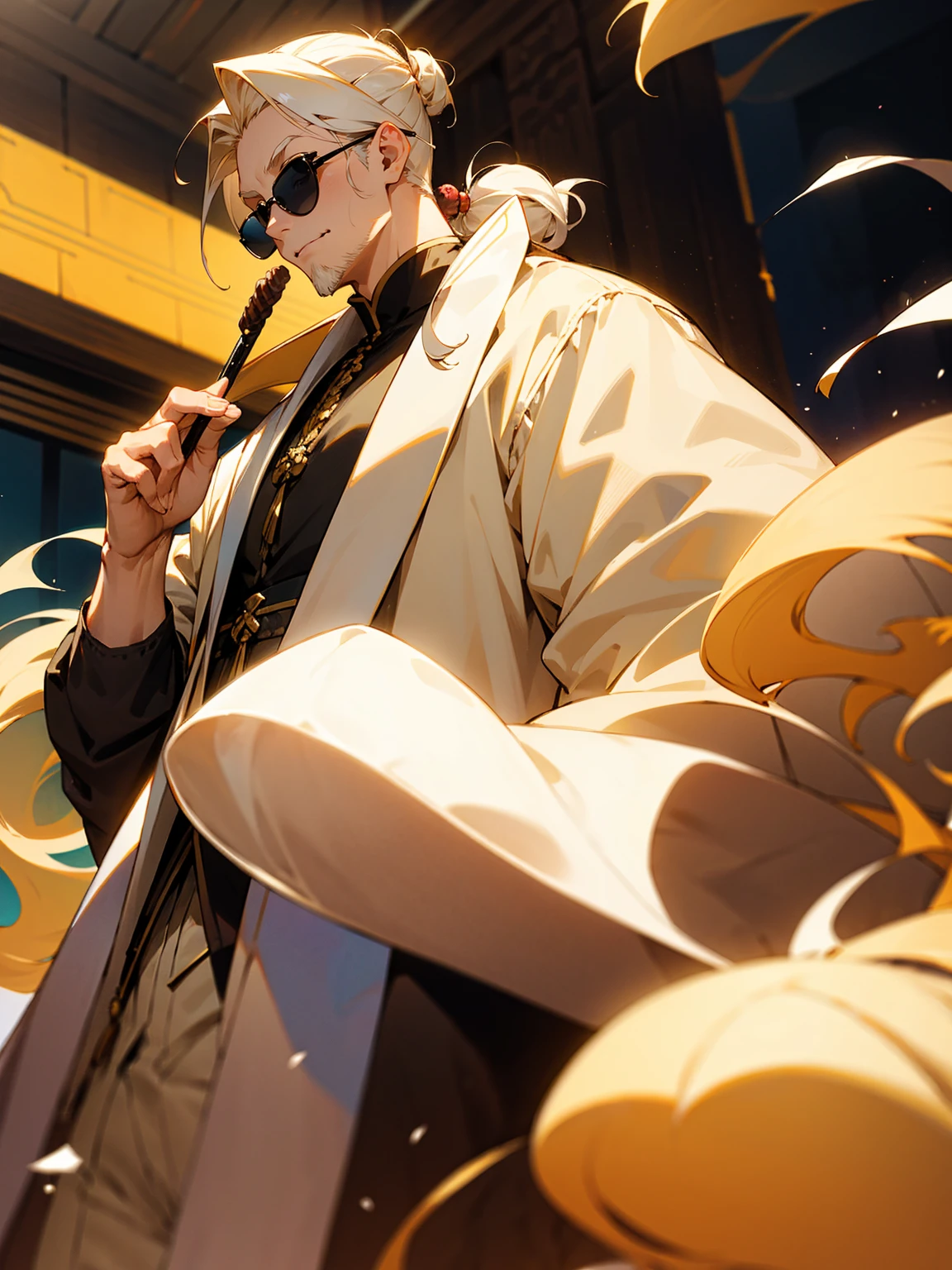 1male, adult, cream hair, middle parted hair, medium length hair, top knot, sunglasses, stubble, cream haori, candy shop, confident