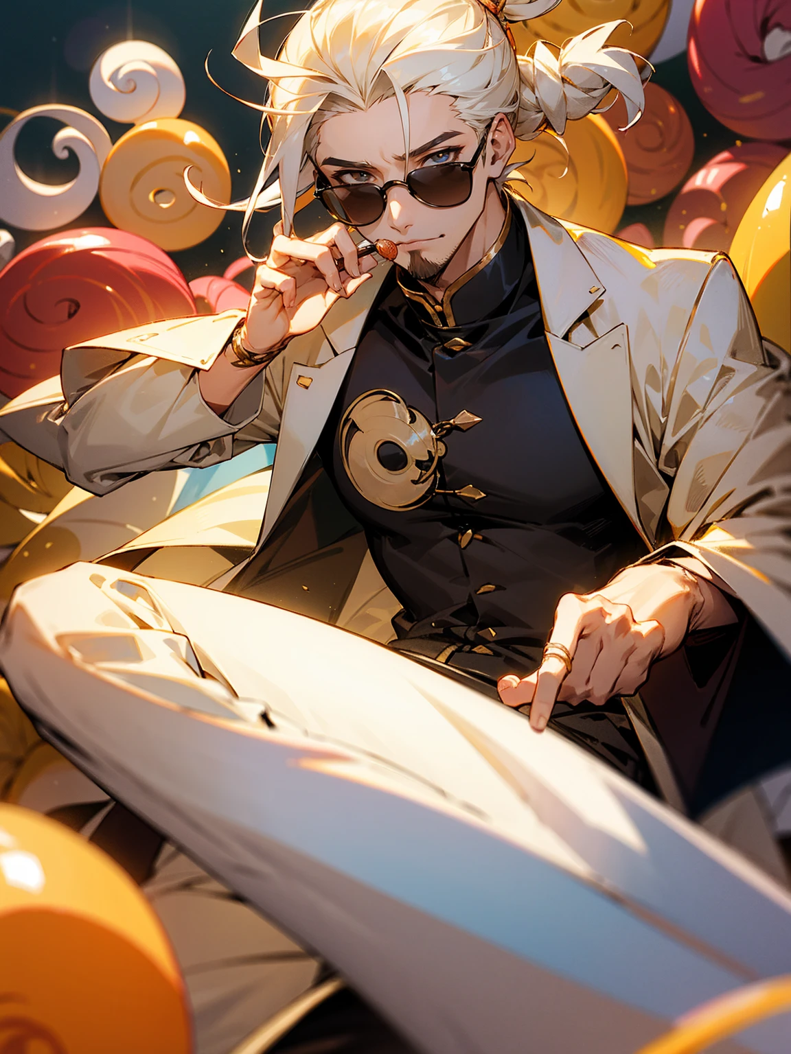 1male, adult, cream hair, middle parted hair, medium length hair, top knot, sunglasses, stubble, cream haori, candy shop, confident