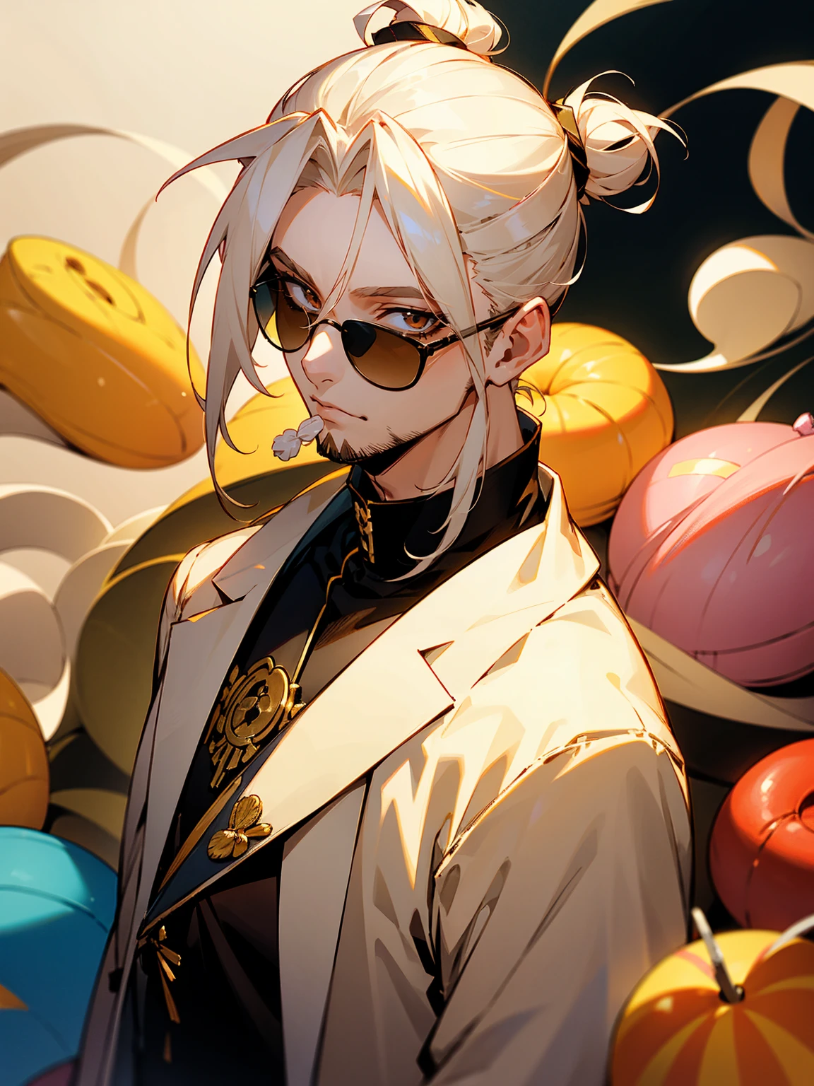 1male, adult, cream hair, middle parted hair, medium length hair, top knot, sunglasses, stubble, cream haori, candy shop, confident