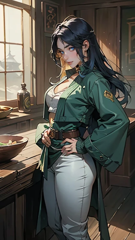 ((A young woman with flowing dark blue hair, long side-swept bangs covering the right side of her face, sharp upward-arched thick eyebrows, large expressive eyes, a delicate oval face, a sensual wide mouth, a mocking expression, a fantasy martial arts-style emerald green short jacket with a high collar, a blue undershirt, rolled-up sleeves, matching fabric pants, a yellow waist belt, leather combat boots, one hand rests on her hip, surrounded by a cyan energy aura, standing in a fantasy style Chinese tavern)), this character embodies a finely crafted a fantasy martial arts heroine in anime style, exquisite and mature manga art style, pale skin, high definition, best quality, highres, ultra-detailed, ultra-fine painting, extremely delicate, professional, anatomically correct, symmetrical face, extremely detailed eyes and face, high quality eyes, creativity, RAW photo, UHD, 32k, Natural light, cinematic lighting, masterpiece-anatomy-perfect, masterpiece:1.5