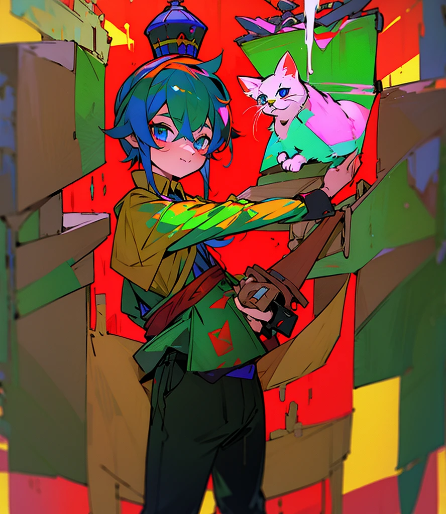 Create a boy, a 10-year-old who has a blue, red, green and yellow crown that has the symbol of the reverse of one on the ends and he has some bricklaying tools on his back, a mini kitten on his shoulder, a red shirt with a very cute cat on the print and have black pants and very bright red eyes and a big, beautiful smile