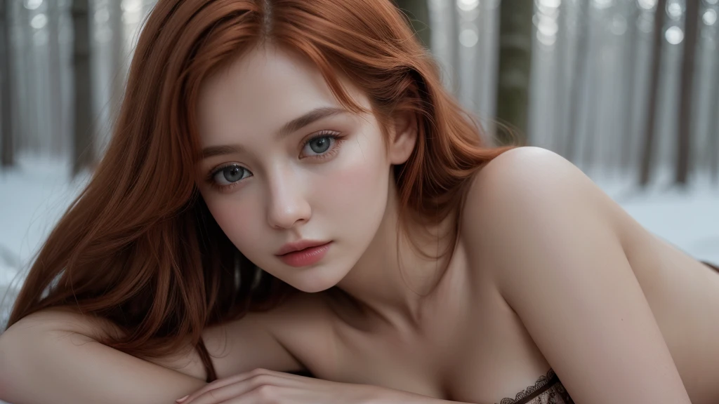sensual woman, lingerie, close up of a (european woman), (ginger hair), (winter forest), natural skin texture, 24mm, 4k textures, soft cinematic light, RAW photo, photorealism, photorealistic, intricate, elegant, highly detailed, sharp focus, ((((cinematic look)))), soothing tones, insane details, intricate details, hyperdetailed, low contrast, soft cinematic light, dim colors, exposure blend, hdr, faded