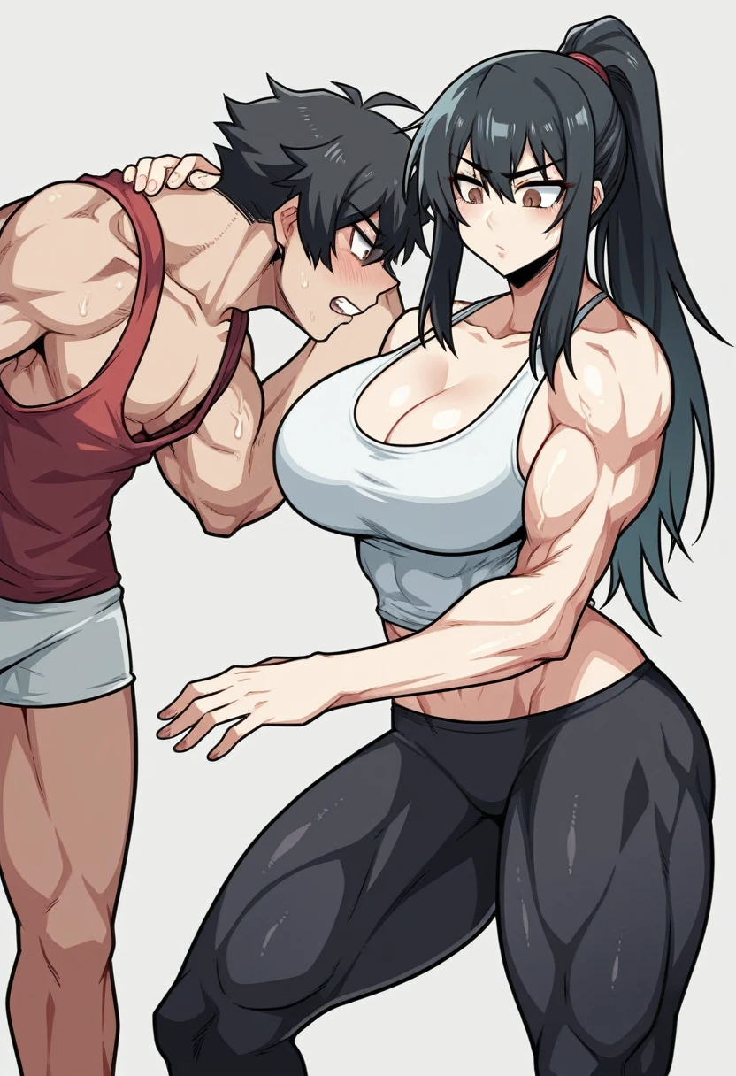 score_9, score_8_up, score_7_up, source_anime, BREAK, (((yew))), black hair, brown eyes,. ponytail, tank top, leggings, thick thighs, athletic build, cleavage, slightly muscular, femdom