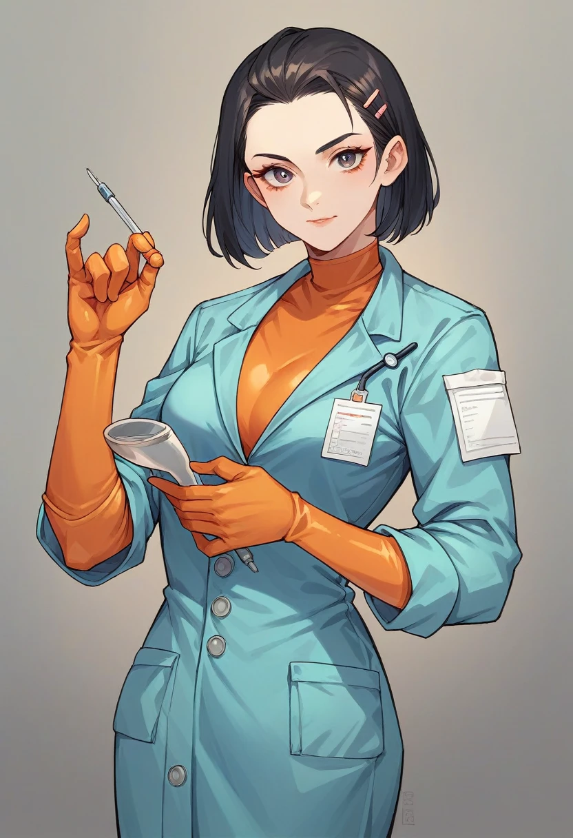 1girl, dark hair, ((orange elbow gloves)), ((surgical gloves)), ((latex gloves)), ((long sleeves)) ((blue surgeon outfit)), looking at viewer, ((doctor)), standing, solo